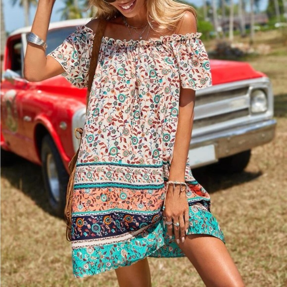 Boho floral print off shoulder dress